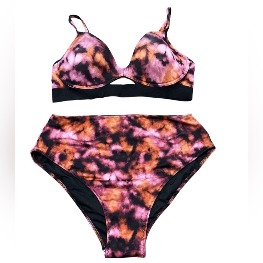 PINK Active Sport High Waist Push Up Bikini Pink Black Tie Dye Size XL